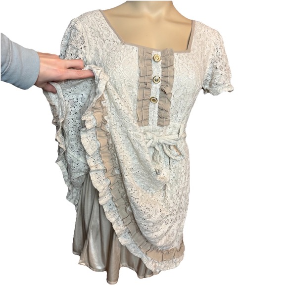 Axes Femme Cream Lace Dress – Layered Hem, square Neck Tie Waist Mori Girl - Picture 10 of 10